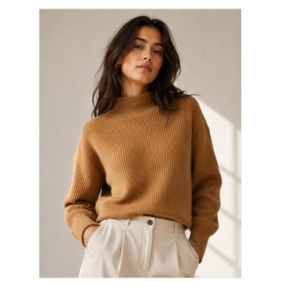 A.L.C. Helena Italian Wool Cashmere Mock Neck Sweater Tan Brown XL Quiet Luxury
